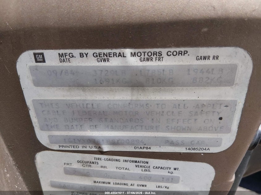 1985 Chevrolet Corvette VIN: 1G1YY0781F5100894 Lot: 45541611
