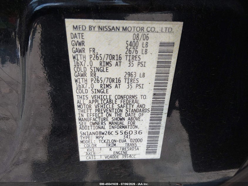 2006 Nissan Xterra X VIN: 5N1AN08W26C556036 Lot: 45541639
