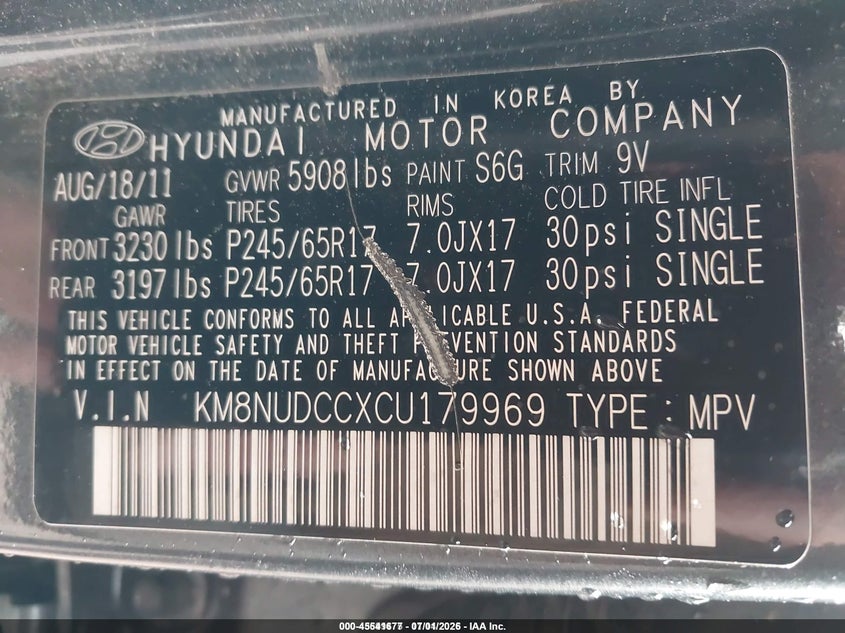 2012 Hyundai Veracruz Gls VIN: KM8NUDCCXCU179969 Lot: 45541677