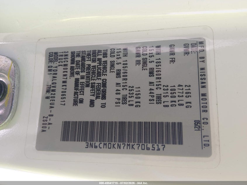 2021 Nissan Nv200 Cargo Sv Xtronic Cvt VIN: 3N6CM0KN7MK706517 Lot: 45541715