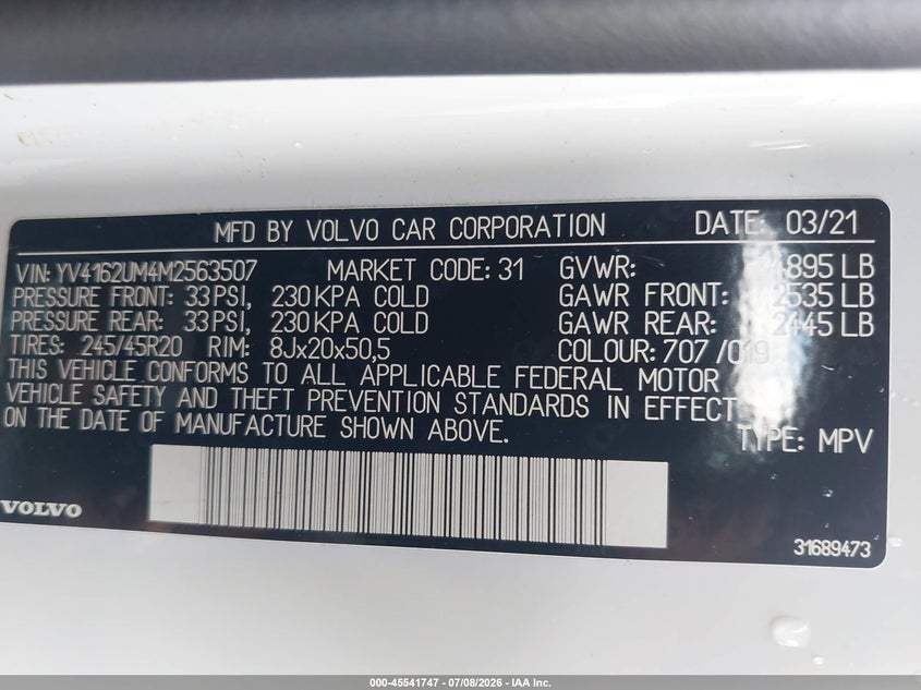 2021 Volvo Xc40 T5 R-Design VIN: YV4162UM4M2563507 Lot: 45541747