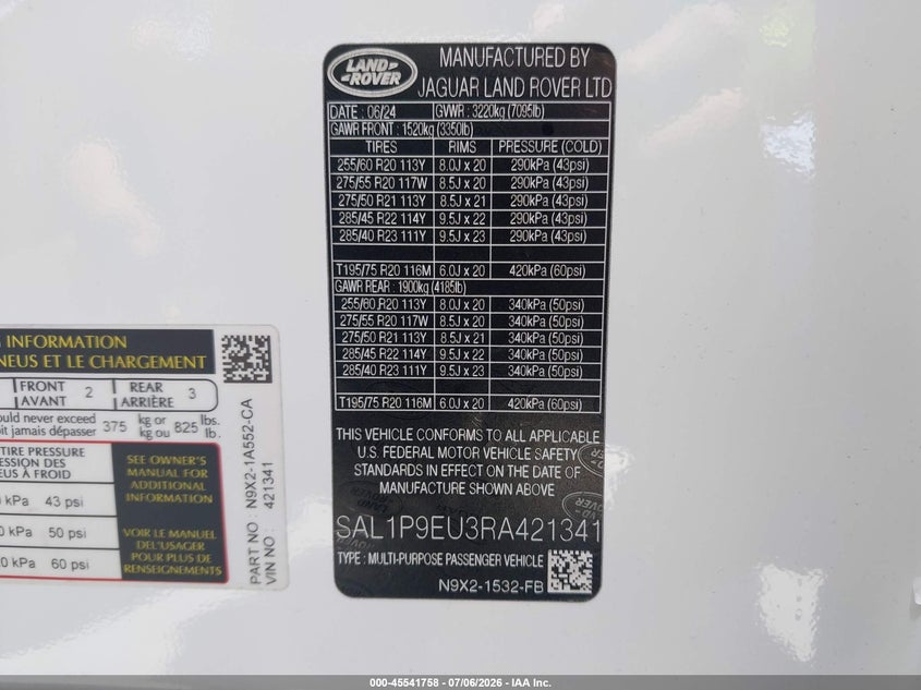 2024 Land Rover Range Rover Sport Se VIN: SAL1P9EU3RA421341 Lot: 45541758