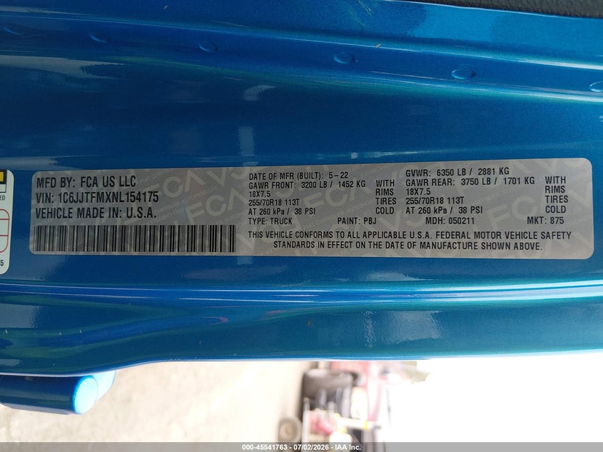 2022 Jeep Gladiator Overland 4X4 VIN: 1C6JJTFMXNL154175 Lot: 45541763