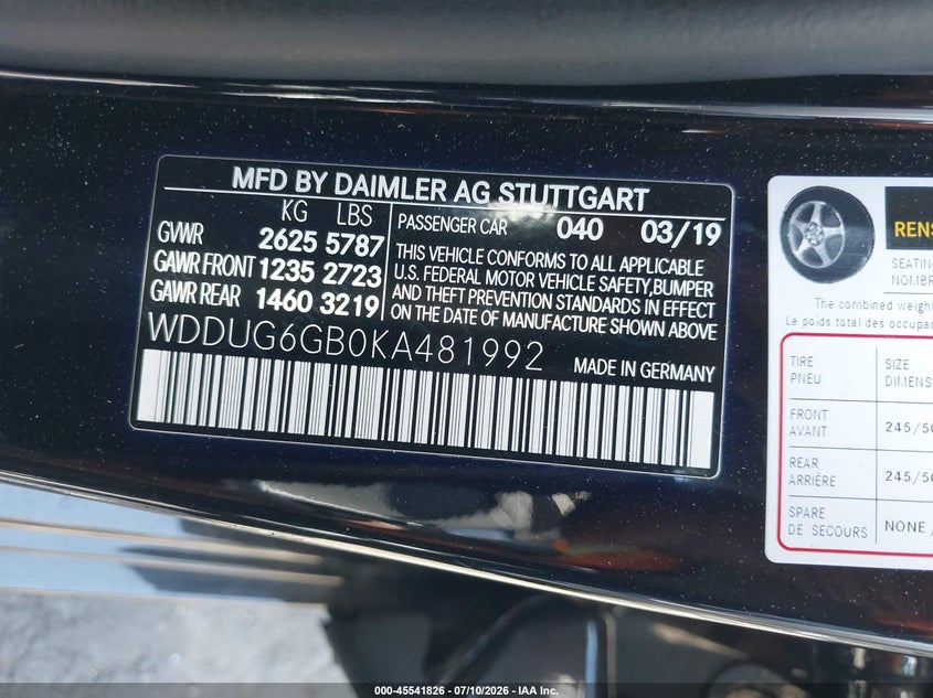 2019 Mercedes-Benz S 450 VIN: WDDUG6GB0KA481992 Lot: 45541826