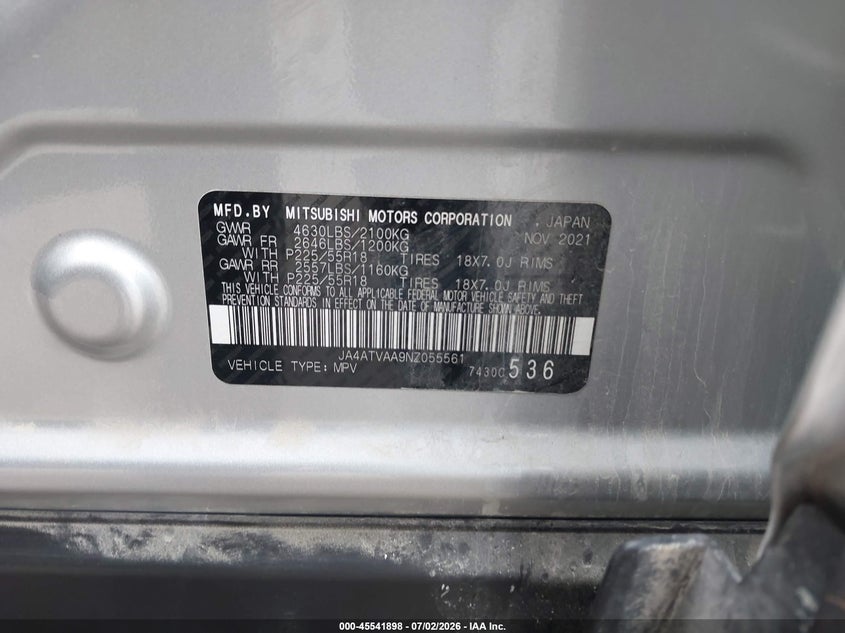 2022 Mitsubishi Eclipse Cross Le S-Awc VIN: JA4ATVAA9NZ055561 Lot: 45541898