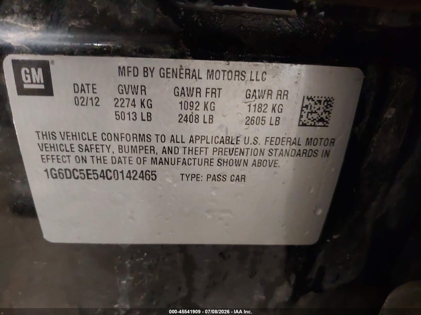 2012 Cadillac Cts Standard VIN: 1G6DC5E54C0142465 Lot: 45541909