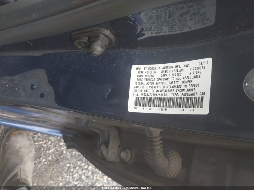 HONDA ACCORD 2017 VIN 1HGCR2F35HA284569