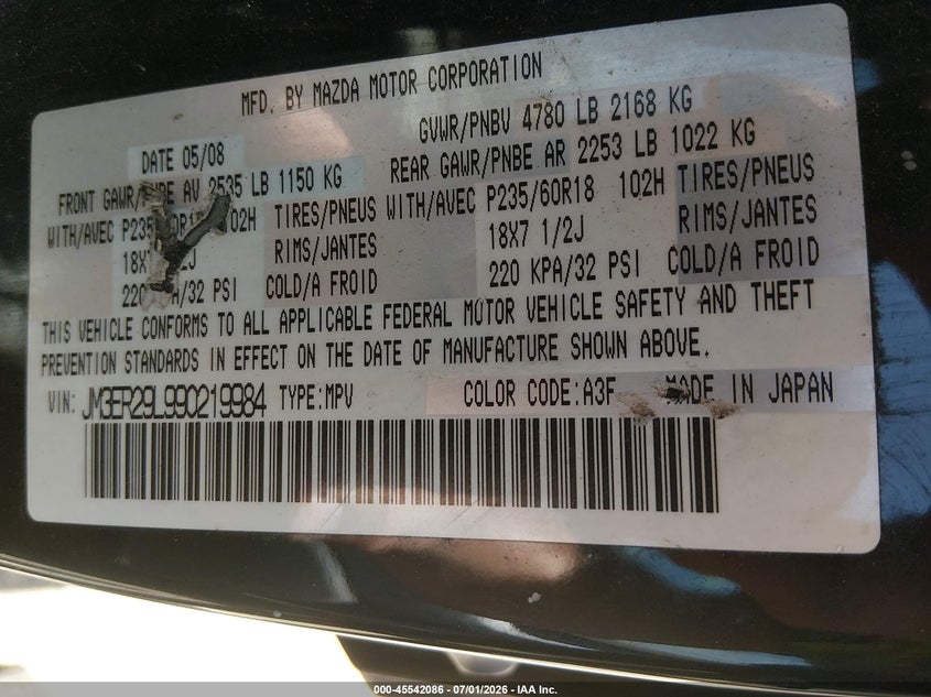 2009 Mazda Cx-7 Sport VIN: JM3ER29L990219984 Lot: 45542086