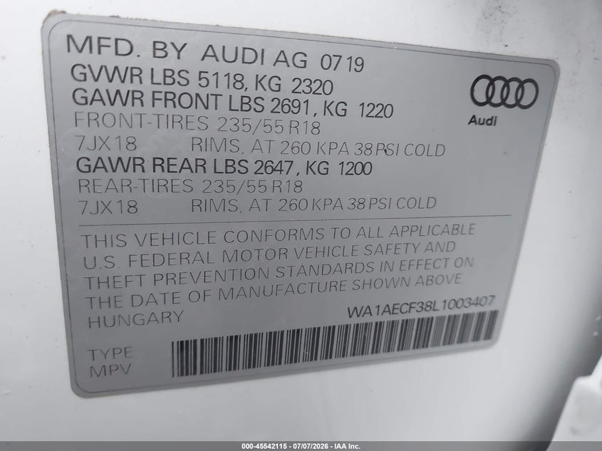 2020 Audi Q3 Premium 45 Tfsi Quattro Tiptronic VIN: WA1AECF38L1003407 Lot: 45542115