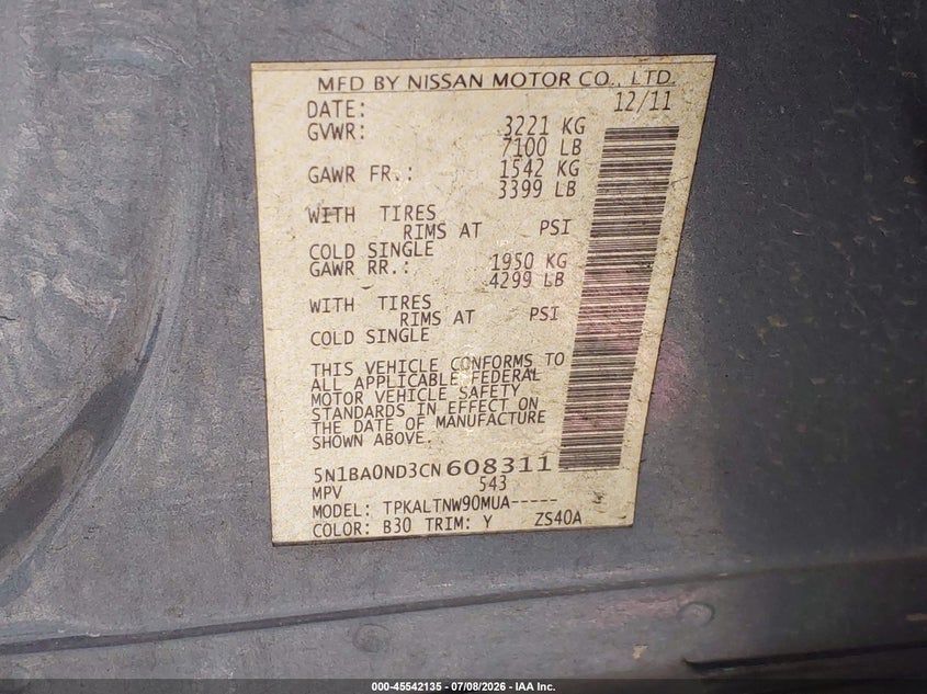 2012 Nissan Armada Sv VIN: 5N1BA0ND3CN608311 Lot: 45542135