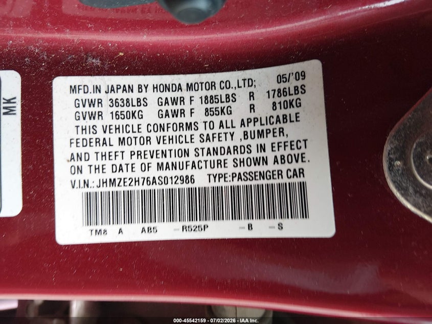 2010 Honda Insight Ex VIN: JHMZE2H76AS012986 Lot: 45542159