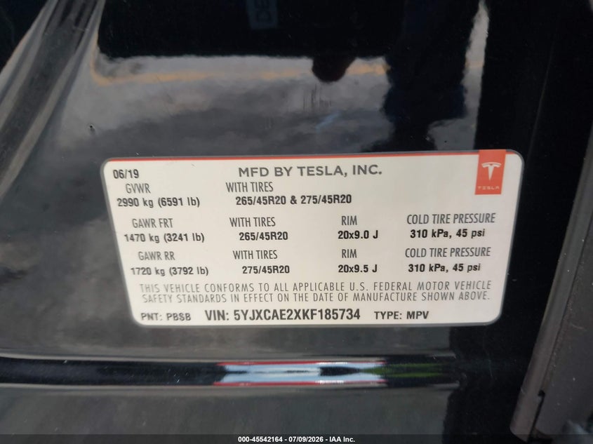 2019 Tesla Model X 100D/75D/Long Range VIN: 5YJXCAE2XKF185734 Lot: 45542164