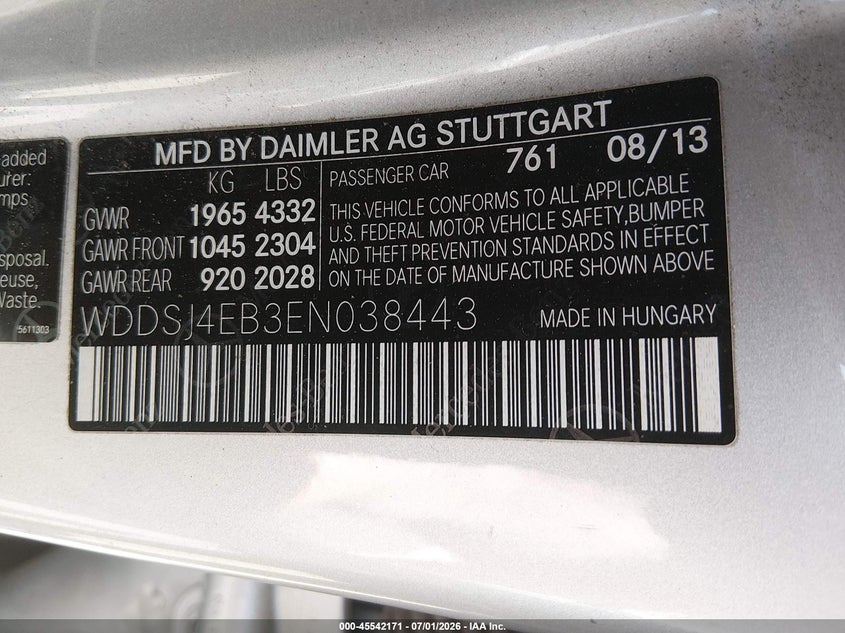 2014 Mercedes-Benz Cla 250 VIN: WDDSJ4EB3EN038443 Lot: 45542171
