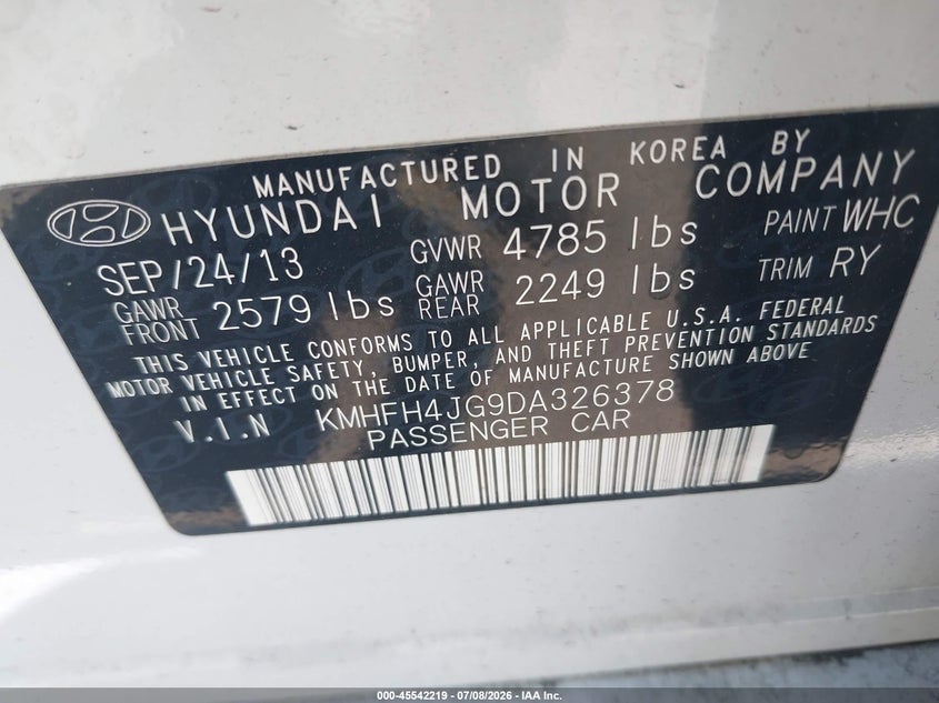 2013 Hyundai Azera VIN: KMHFH4JG9DA326378 Lot: 45542219