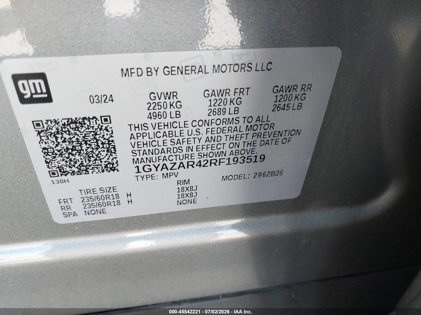 2024 Cadillac Xt4 Fwd Luxury VIN: 1GYAZAR42RF193519 Lot: 45542221