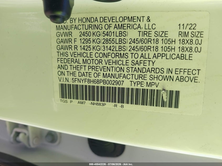 2023 Honda Passport Awd Trailsport VIN: 5FNYF8H68PB002907 Lot: 45542226
