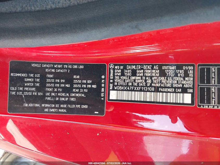 1999 Mercedes-Benz Slk 230 Kompressor VIN: WDBKK47FXXF113108 Lot: 45542304