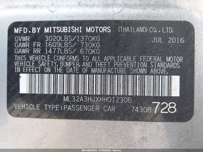 2017 Mitsubishi Mirage Es VIN: ML32A3HJXHH012306 Lot: 45542335