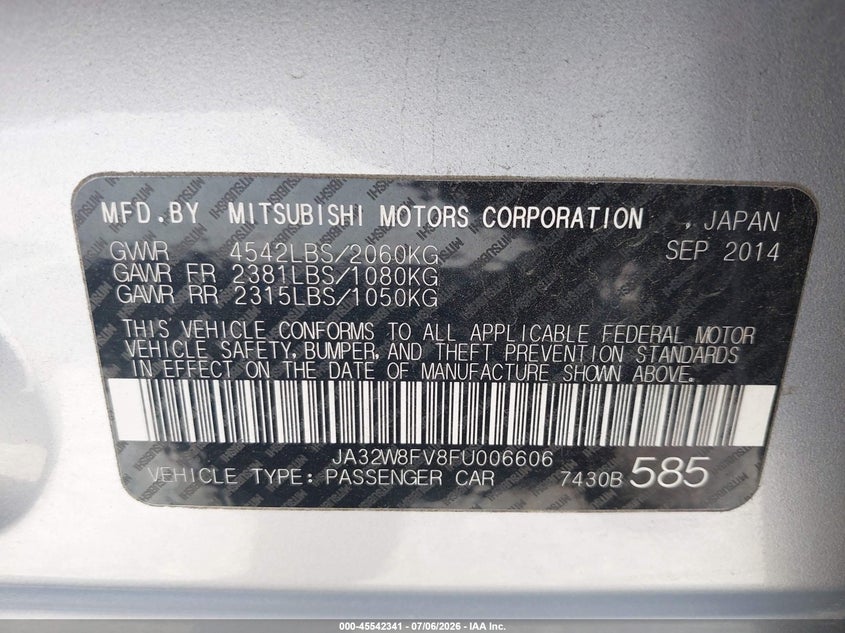 2015 Mitsubishi Lancer Evolution Gsr VIN: JA32W8FV8FU006606 Lot: 45542341