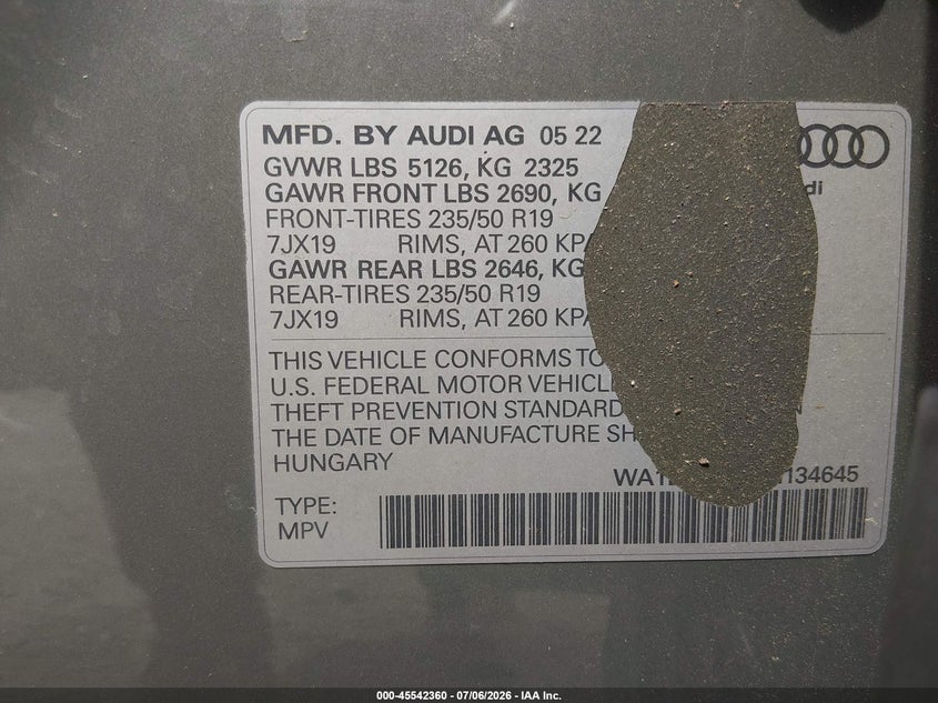 2022 Audi Q3 Premium Plus 45 Tfsi S Line Quattro Tiptronic VIN: WA1EECF34N1134645 Lot: 45542360