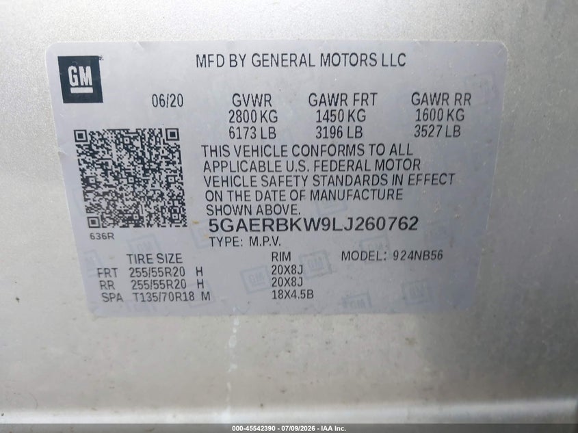 BUICK ENCLAVE 2020 VIN 5GAERBKW9LJ260762