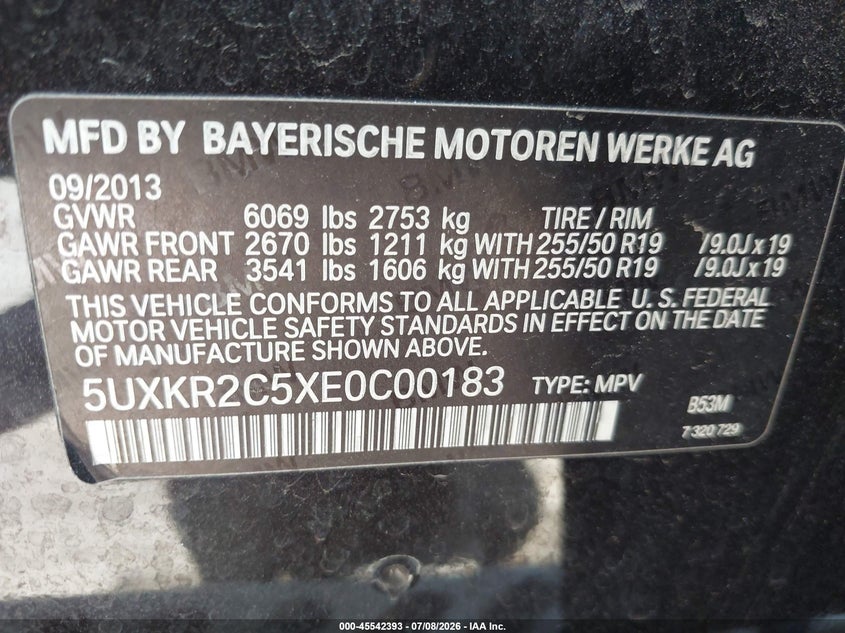 BMW X5 2014 VIN 5UXKR2C5XE0C00183