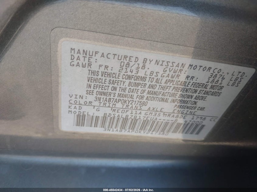 NISSAN SENTRA 2019 VIN 3N1AB7AP0KY217580