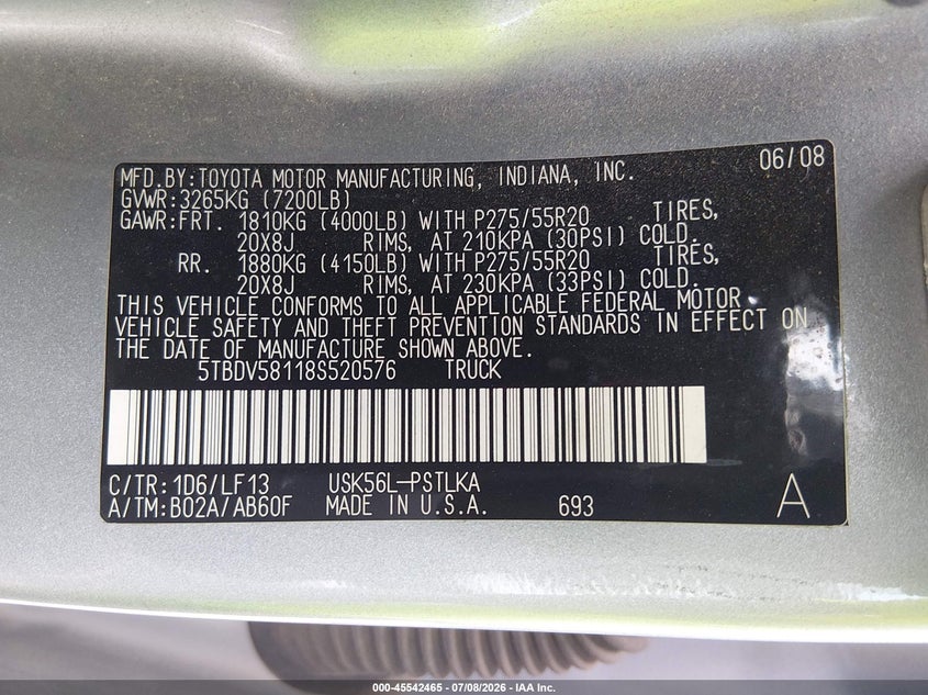 2008 Toyota Tundra Limited 5.7L V8 VIN: 5TBDV58118S520576 Lot: 45542465