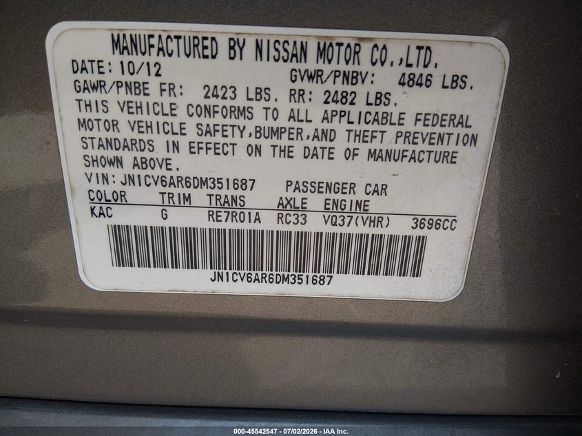 2013 Infiniti G37X VIN: JN1CV6AR6DM351687 Lot: 45542547