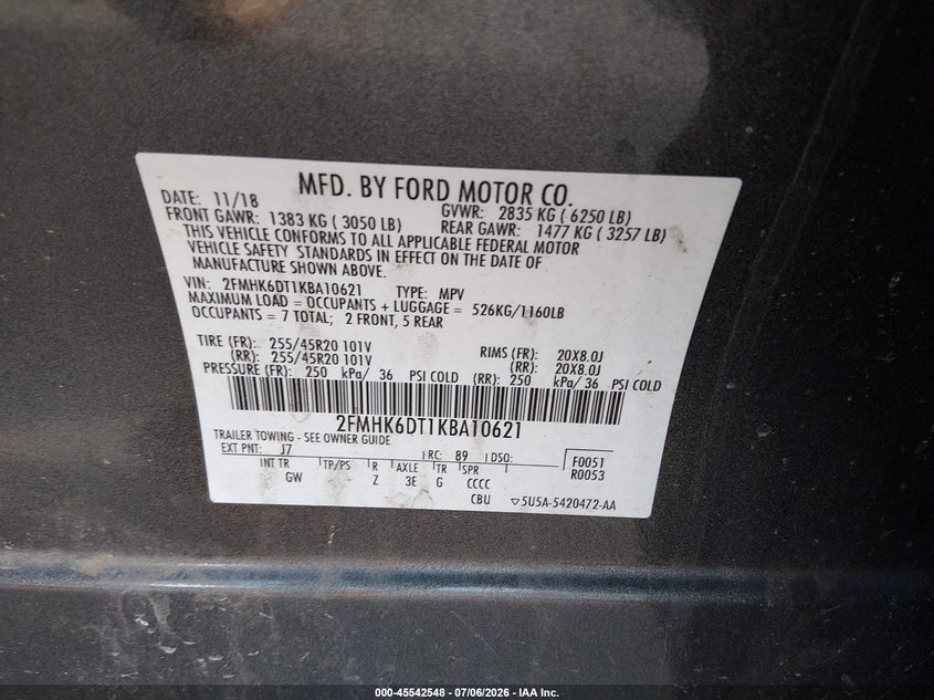 2019 Ford Flex Limited VIN: 2FMHK6DT1KBA10621 Lot: 45542548