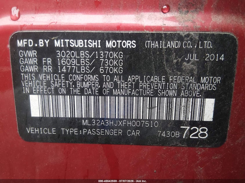 2015 Mitsubishi Mirage De VIN: ML32A3HJXFH007510 Lot: 45542559
