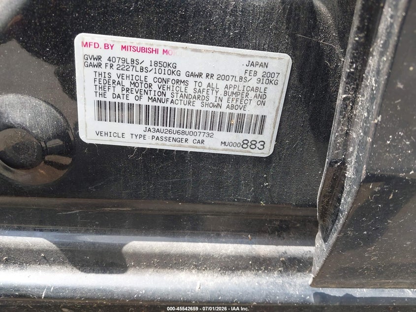 2008 Mitsubishi Lancer De/Es VIN: JA3AU26U68U007732 Lot: 45542659