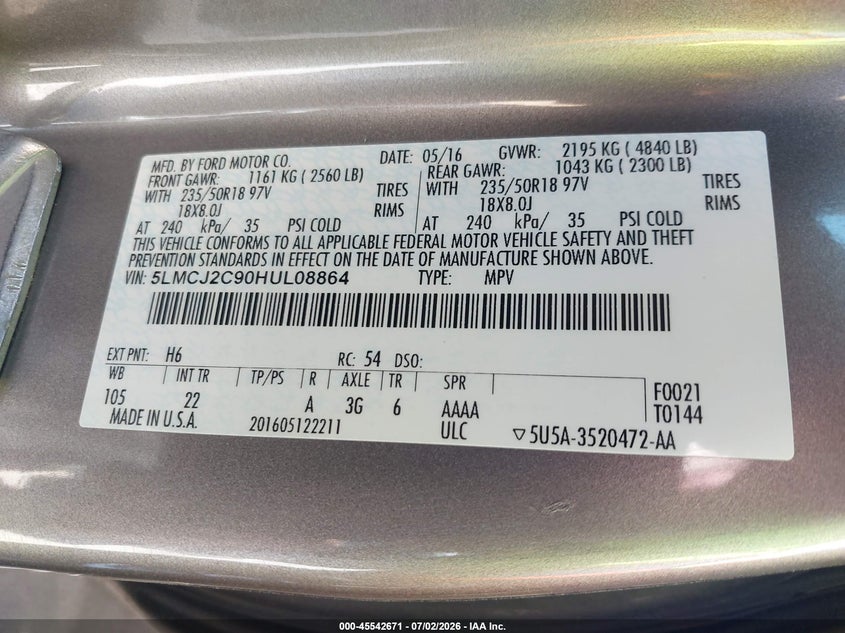 2017 Lincoln Mkc Select VIN: 5LMCJ2C90HUL08864 Lot: 45542671