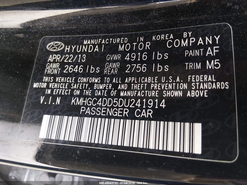 2013 Hyundai Genesis 3.8 VIN: KMHGC4DD5DU241914 Lot: 45542722