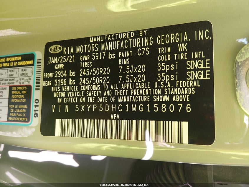 KIA TELLURIDE 2021 VIN 5XYP5DHC1MG158076