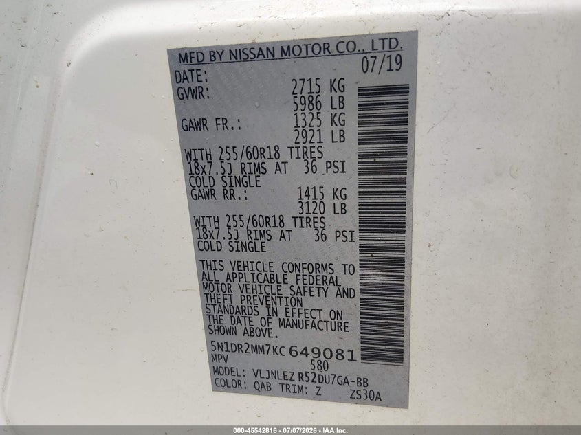 VIN 5N1DR2MM7KC649081 2019 NISSAN PATHFINDER SV