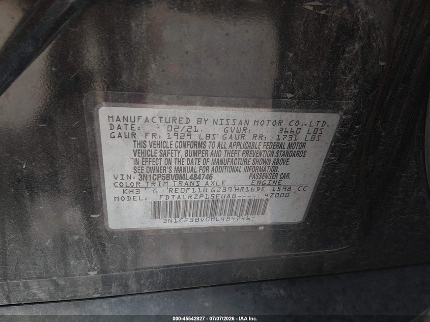 VIN 3N1CP5BV0ML484746 2021 NISSAN KICKS S XTRONIC CVT