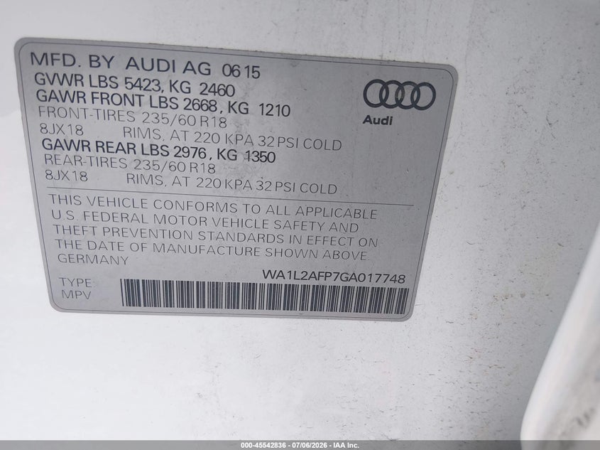 2016 Audi Q5 2.0T Premium VIN: WA1L2AFP7GA017748 Lot: 45542836