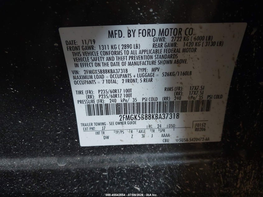 2019 Ford Flex Se VIN: 2FMGK5B88KBA37318 Lot: 45542854