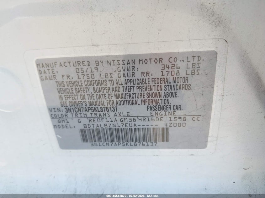 NISSAN VERSA 2019 VIN 3N1CN7AP5KL876137