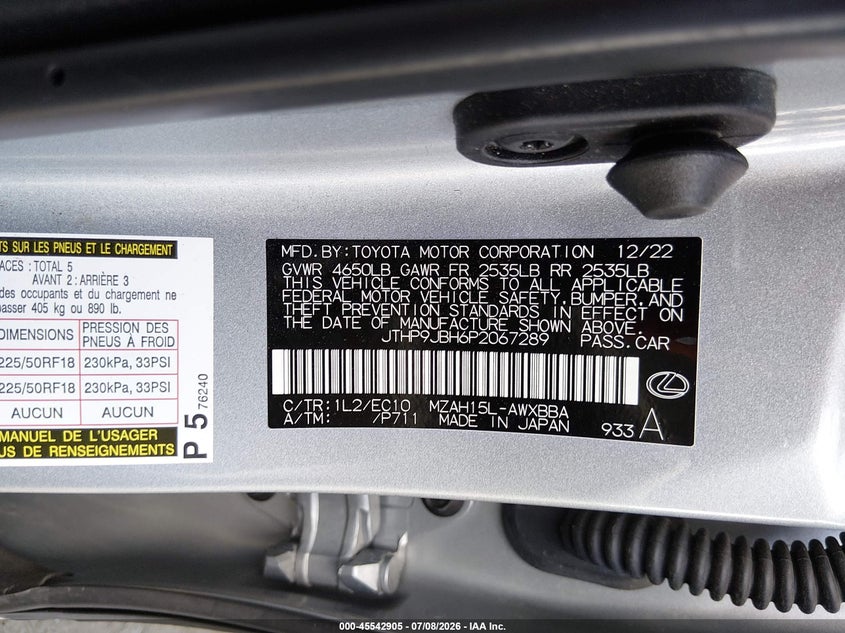2023 Lexus Ux 250H Premium VIN: JTHP9JBH6P2067289 Lot: 45542905