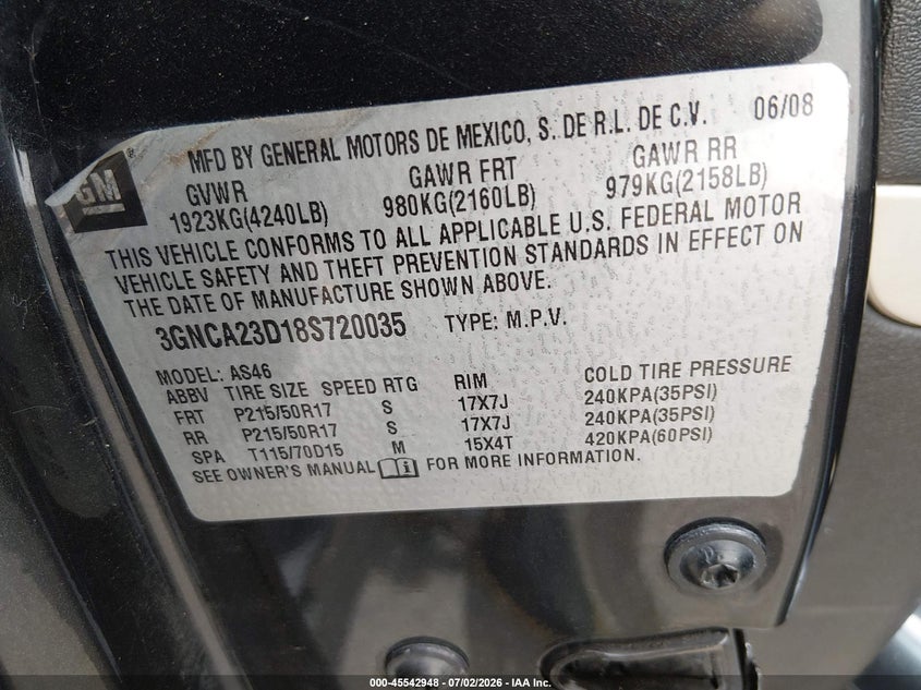 2008 Chevrolet Hhr Lt VIN: 3GNCA23D18S720035 Lot: 45542948