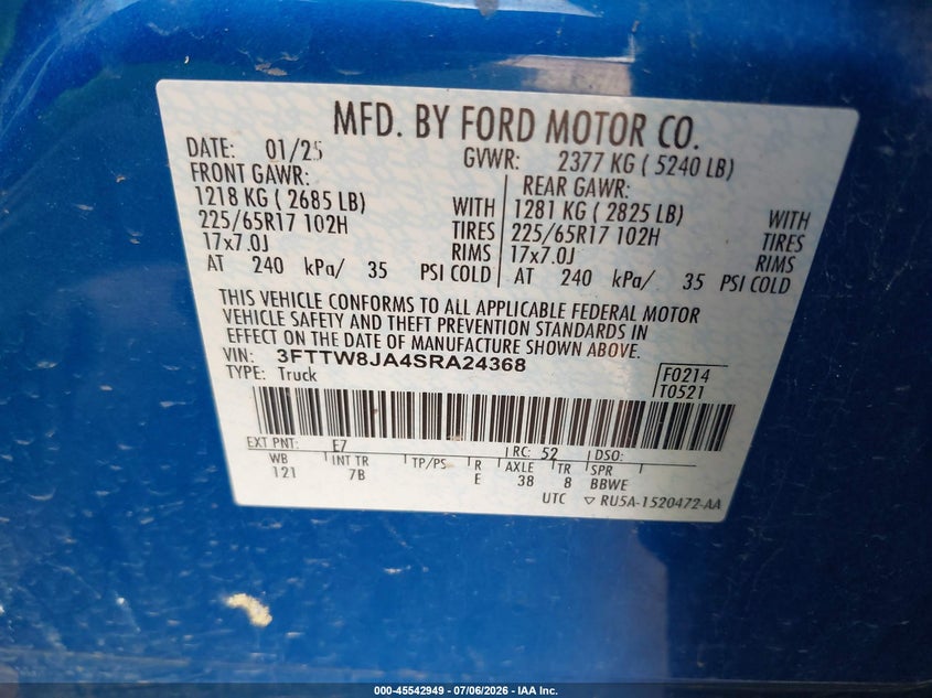 2025 Ford Maverick Xlt VIN: 3FTTW8JA4SRA24368 Lot: 45542949