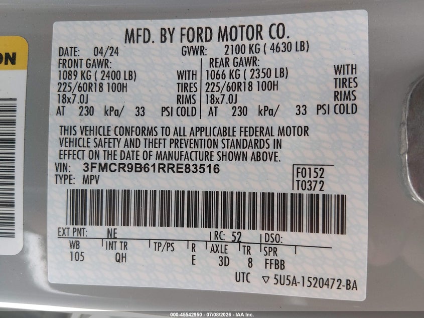2024 Ford Bronco Sport Big Bend VIN: 3FMCR9B61RRE83516 Lot: 45542950