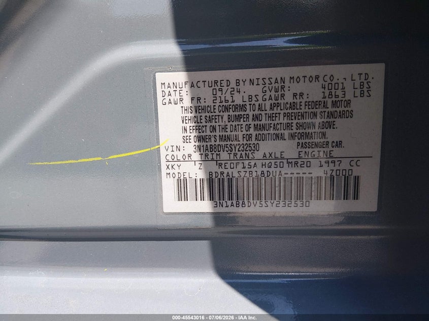 2025 Nissan Sentra Sr VIN: 3N1AB8DV5SY232530 Lot: 45543016