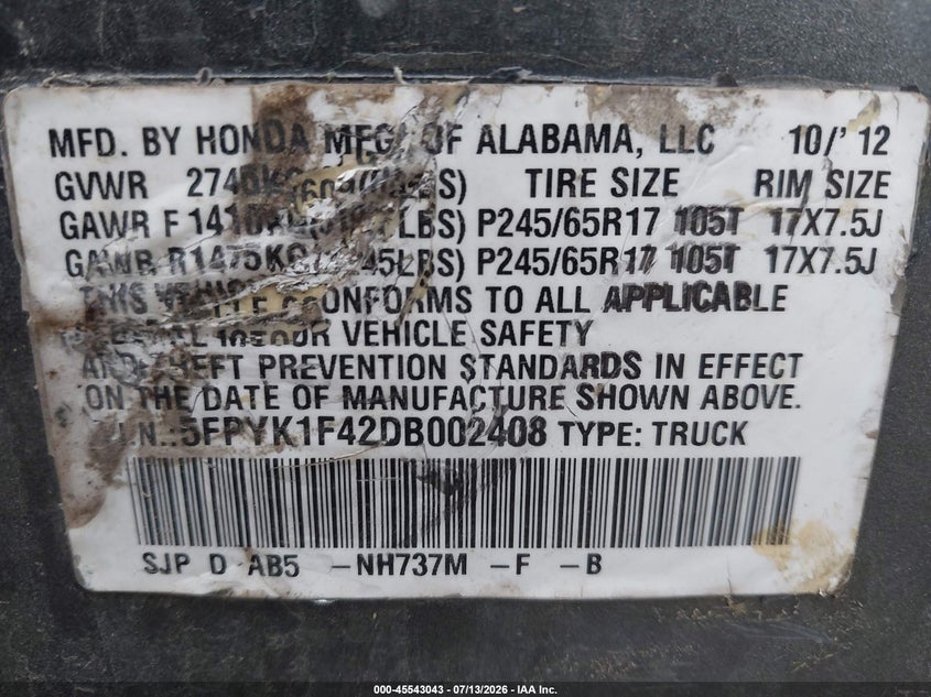 2013 Honda Ridgeline Rts VIN: 5FPYK1F42DB002408 Lot: 45543043