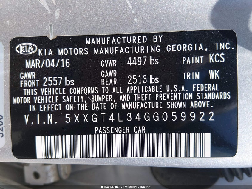 2016 KIA OPTIMA SEDAN 2.4L I-4 DI, DOHC, VVT, 185HP