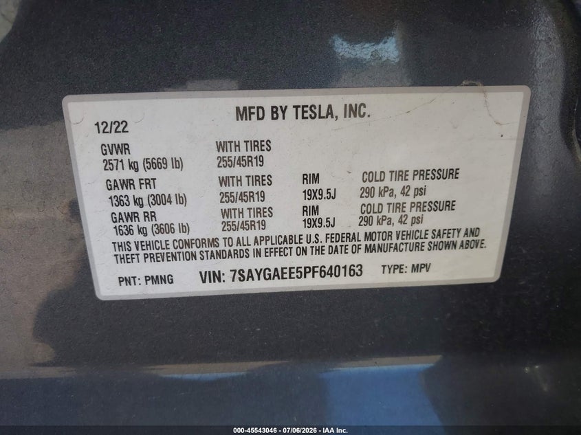 2023 Tesla Model Y Awd/Long Range Dual Motor All-Wheel Drive VIN: 7SAYGAEE5PF640163 Lot: 45543046