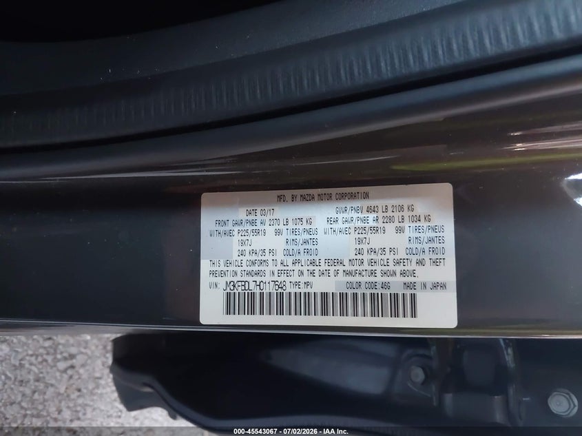 2017 Mazda Cx-5 Grand Touring VIN: JM3KFBDL7H0117648 Lot: 45543067