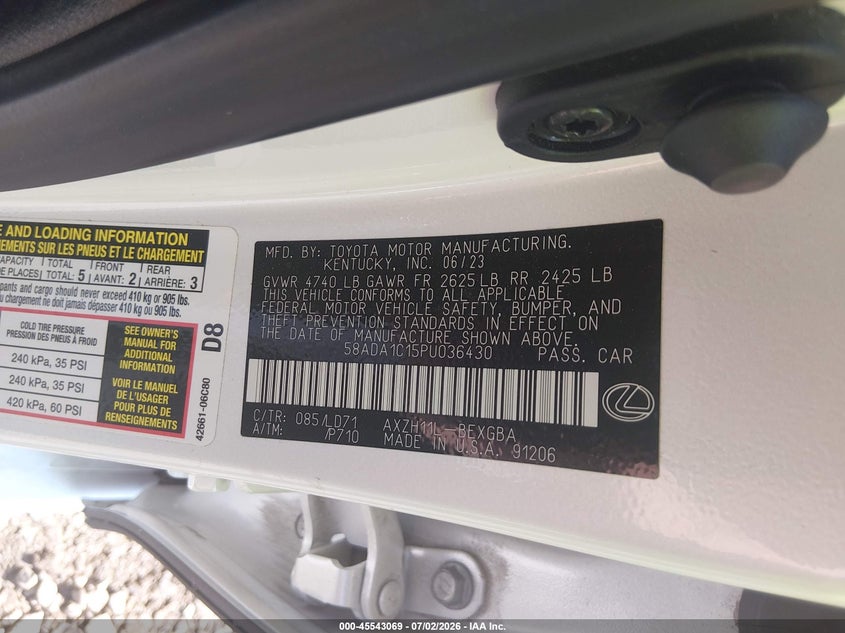 LEXUS ES 300H 2023 VIN 58ADA1C15PU036430
